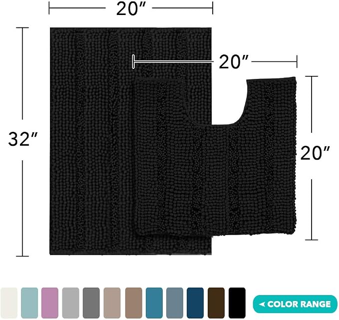 Turquoize Chenille Bathroom Rugs Set Non-Slip Bath Mats for Bathroom Super Absorbent Shaggy Rugs for Tub Toilet Plush Bath Rug Plus U Shaped Contour Rug (Standard: 20" x 32" and 20" x 20" U), Black