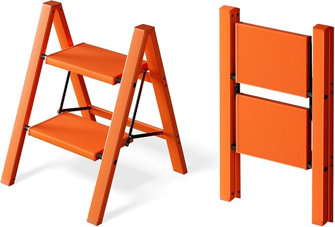 2 Step Ladder, Aluminum Lightweight Folding 2 Step Stool with Anti-Slip Wide Pedal,330lbs Capacity Steel Ladder for Household and Office(Hermes Orange)
