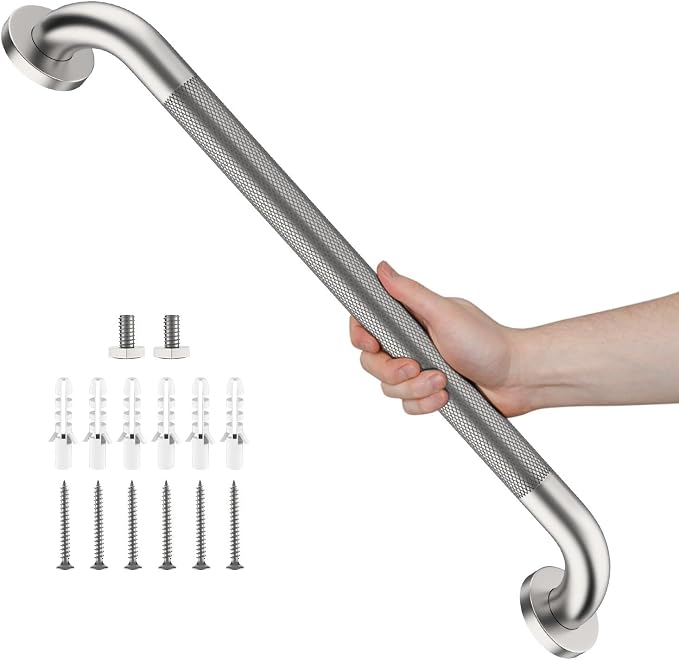 Shower Grab Bar 24 Inch, iHansee Brushed Nickel Bathroom Grab Bar w/Anti-Slip Knurled Grip, Stainless Steel Safety Handicap Bars, Wall Mounted Balance Support Handrail Bath Handle for Senior Elderly