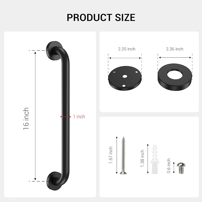 2 Pack 16 Inch Grab Bars for Wall Black, Safety Shower Grab Bars for Seniors Elderly Handicapped, Handicap Grab Bars for Shower with Concealed Screws, Tesuchan