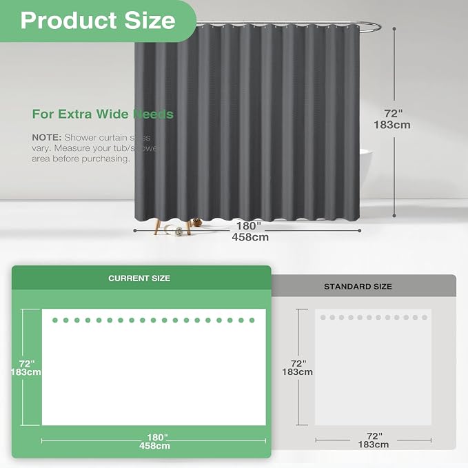 Dynamene Extra Wide Shower Curtain - 180 Inch Wide Waffle Weave Weighted Thick Cloth Bathroom Shower Curtain, Neutral Heavy Duty Hotel Shower Curtain Set with 32 Plastic Hooks,180x72, Charcoal Grey