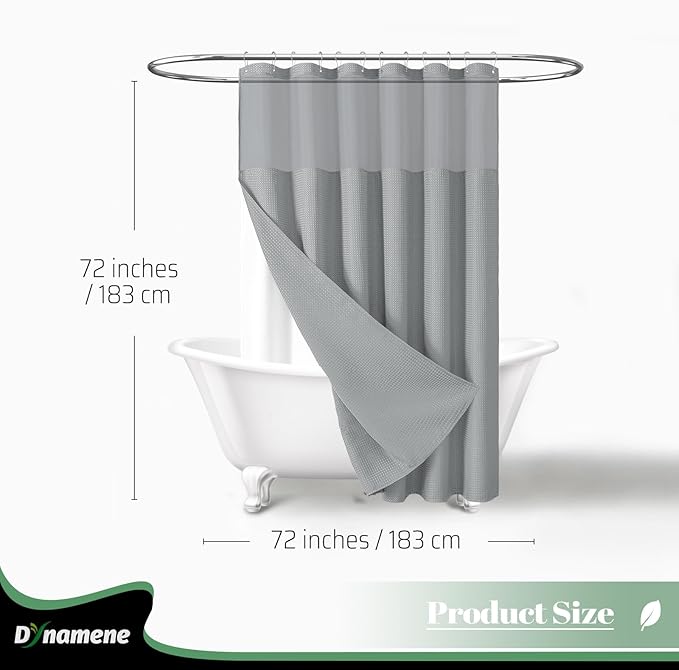 Dynamene Fabric Shower Curtain with Snap in Liner, Grey Waffle Hotel Shower Curtains for Bathroom, Washable Waterproof Cloth Shower Curtain Liner Set with Plastic Hooks, Mesh Top Window, 72x72, Gray