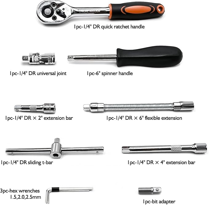 Egofine 46 Pieces 1/4 inch Drive Socket Ratchet Wrench Set, with Bit Socket Set Metric and Extension Bar for Auto Repairing and Household, with Orange Storage Case