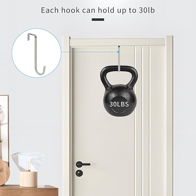 FYY Over the Door Hooks, 4 Pack Upgraded Long Door Hangers Hooks with Rubber Prevent Scratches Heavy Duty Organizer Hooks for Hanging Clothes, Towels, Hats, Coats, Bags Grey