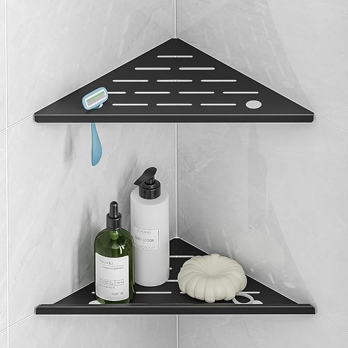 Corner Shower Shelves with Razor Hole, Modern Sturdy Shower Shelves Corner, 10" 304 Stainless Steel Shower Organizers Corner Shelf for Tile Wall, No Drilling Grout Mount Bathroom Shelf