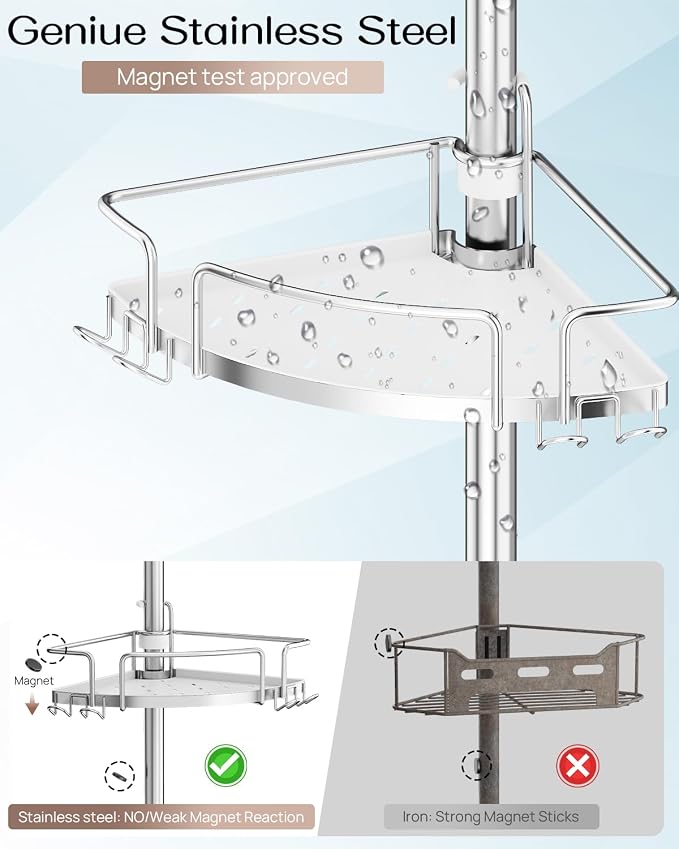 ALLZONE Corner Shower Caddy Tension Pole, 4 Hang-On Basket with Mixed-Height Shelves for Various Bottle Sizes, Extra Hooks & Soap Holder, Rustproof Stainless Steel, Fits 34–116 Inch, Silver/White