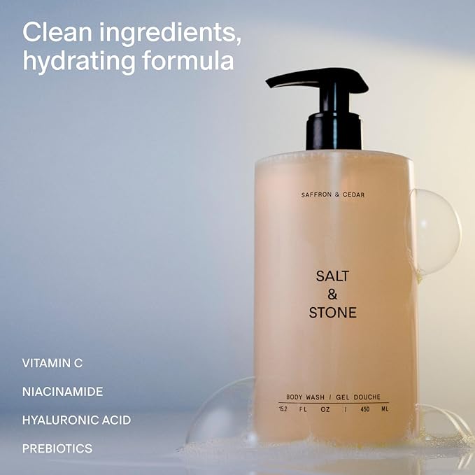 Salt & Stone Body Wash with Antioxidants for Deep Moisture | For Women & Men, Sulfate, Paraben, & Dye Free, Leaving Skin Soft and Hydrated | Saffron & Cedar Refill 32 fl oz