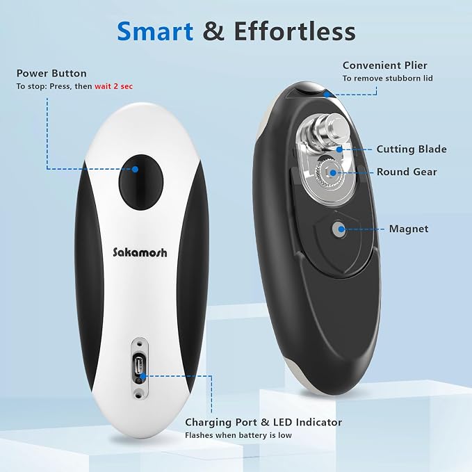 SAKAMOSH Rechargeable Can Opener Electric for Seniors, Hands Free Electric Can Opener with Smooth Edge for Kitchen, One Touch Automatic Opener Fits Most Cans