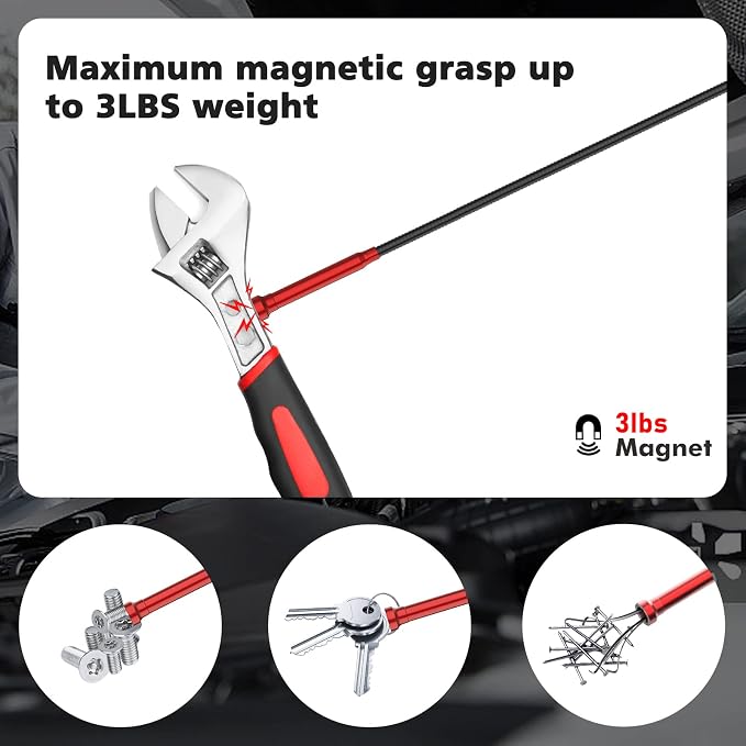 Housolution 28.34in Grabber Tool Magnetic Four-Claw Picker, Bendable Hose Reacher Pickup Sweeper with LED Light Battery, Flexible Long Handy Reaching Assist Tool for Litter Pick/Home Sink/Drain, Red