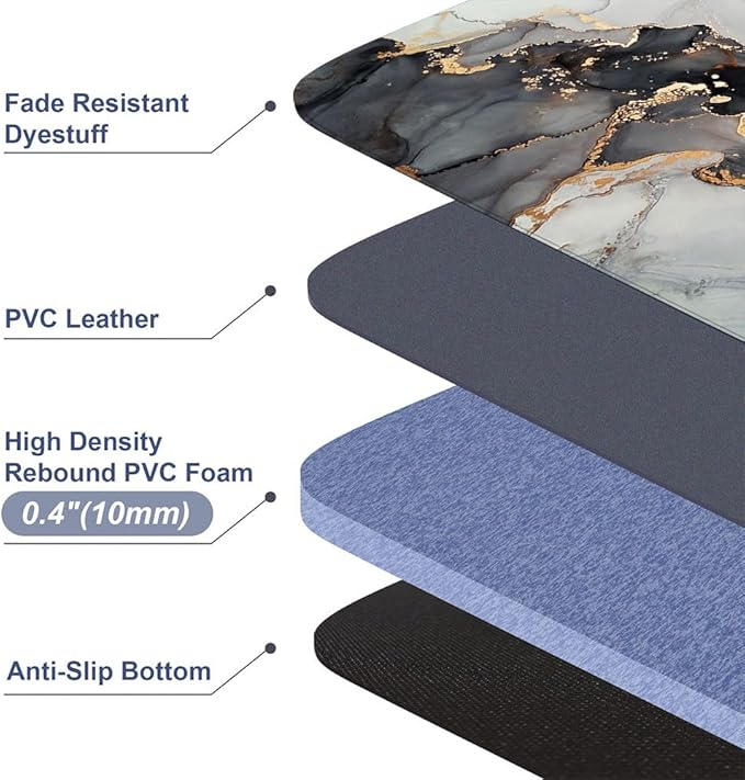 Mrcrypos 2 Pieces Luxury Black and Gold Marble Kitchen Mats PVC Leather Waterproof Non Slip Cushioned Standing Mats Anti Fatigue Kitchen Comfort Mats for Floor,Sink,Laundry,Office 17"x29"+17"x47"