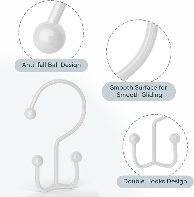 Goowin Shower Curtain Hooks, 12 Pcs Shower Curtain Rings, Durable Shower Curtain Rings Rust Proof, Double Glide Shower Rings for Curtain, Simple Shower Hooks for Shower Curtain & Liner, White