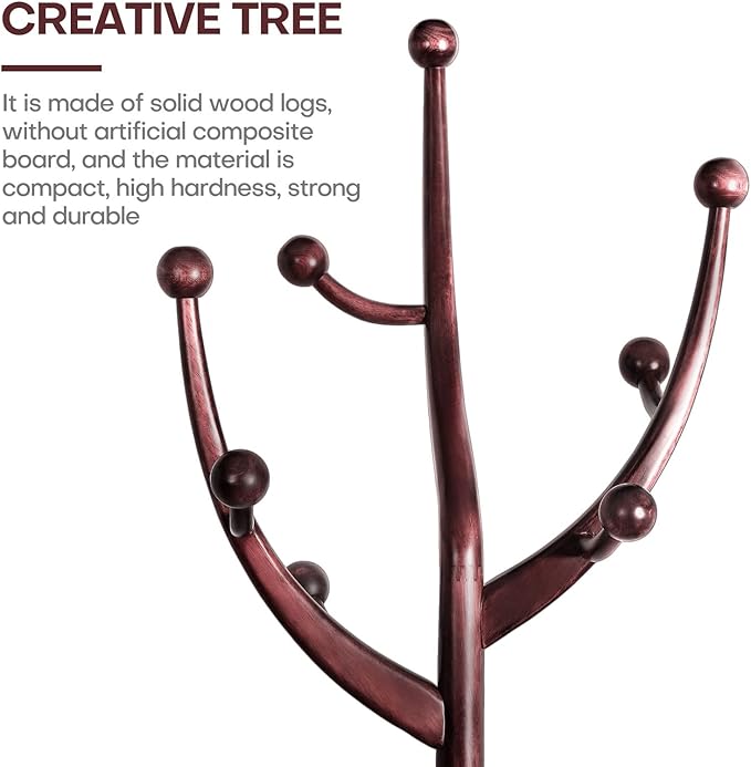 Bekrvio Coat Rack Freestanding Wood Tree Rack with 8 Hooks, Creative Design Tree Branch-look, Coat Tree Clothes Hanger Stand with Stable Sphere Base for Entryway, Hallway, Bedroom (Wine Red)