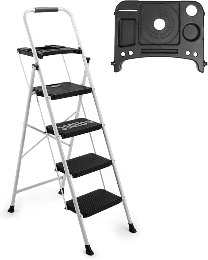 4-Step Ladder with Wide Anti-Slip Platform & Thick Rubber Feet | Heavy Duty Foldable & Portable | 330 lbs Capacity, Steel Frame, Rubber Handgrip, Folding Step Stool