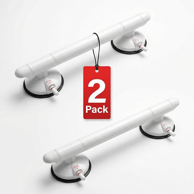 Magicbox Grab Bars for Bathtub, 2 Pack 18 inch Vacuum Suction Shower Grab Bar with Red Line Indicator, No Drilling Bathroom Safety Handle for Seniors, White Plastic