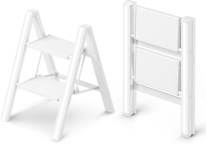 2 Step Ladder, Folding Step Stool with Wider Pedal, Anti-Slip Feet & Non Slip Stripes, Aluminum Sturdy Material, 300Lbs Capacity, Elegant Look of Modern White Better Matches Your Home
