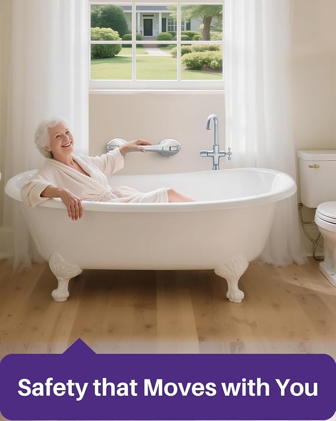 KEKOY 17.5 Inch Suction Grab Bars for Bathtubs and Showers with Indicator - Heavy Duty Safety Shower Handle for Seniors and Elderly, Handicap Bars for Bathroom, No Drilling and Removable, Silver