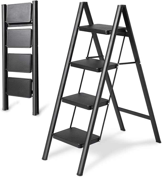 4-Step Folding Ladder, Heavy Duty Ladders for Home & Kitchen, Folding Ladder Easy to Store, Tall Ladder for Adults, Anti-Slip & Space-Saving Step Ladder, 330 Lbs Capacity