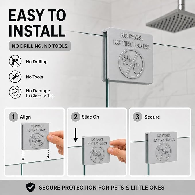 Frameless Glass Shower Door Lock Sleeve - Baby Proofing & Pet Stopper for Bathroom Sliding Doors - No-Drill Security Bumper,Funny Sign – (Silver, 3/8 inch)