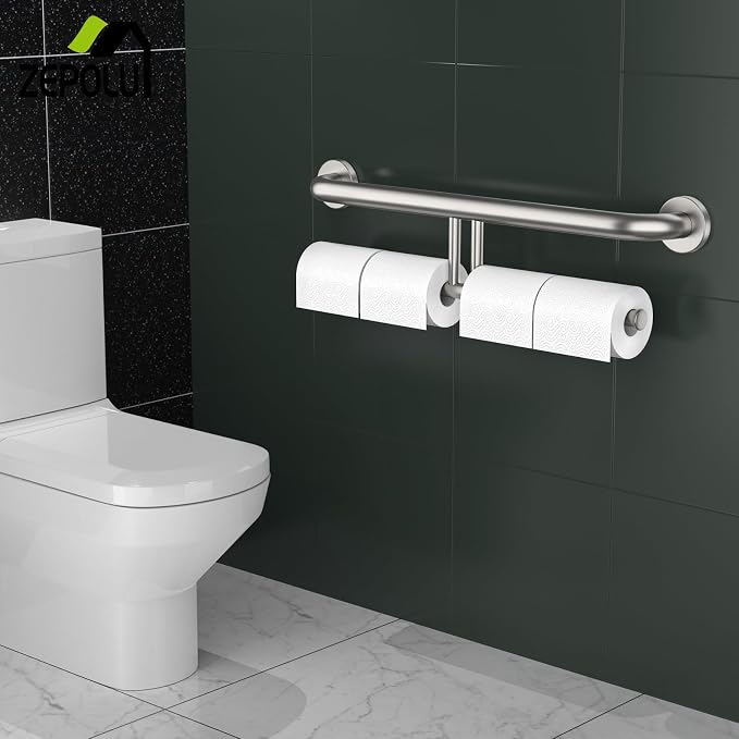 Brushed Nickel Double Toilet Paper Holder w/Safety Bar 24 inch, Zepolu 2-in-1 Assist Bar Balanced Support Handle, Stainless Steel Wall Mounted Bathroom Toilet Grab Bar for Senior Elderly Handicap