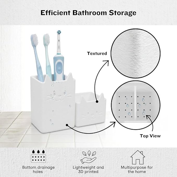 Office Desk Accessories, Set of 2 Pencil Cups, Cute Cat Pen Holder, Cute Desk Decor, Bathroom Organizer, Toothbrush Holders with Drainage, Makeup Brush Organizer, Cat Lover Gifts (Jade White)