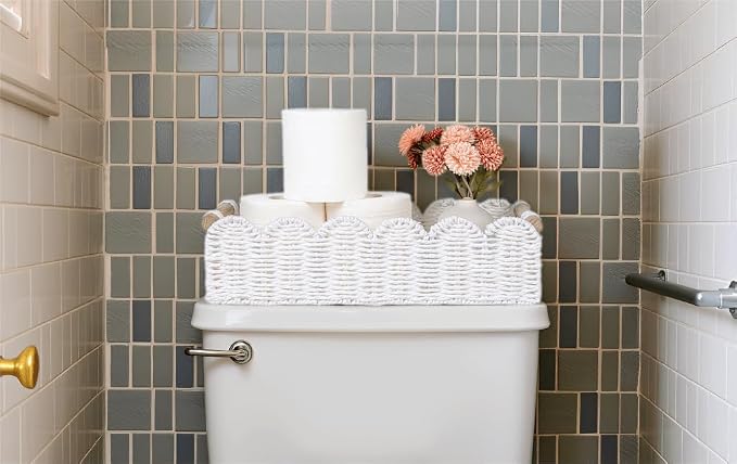 CubesLand Toilet Paper Storage Basket, Scalloped Edge Shelves Basket for Organizing for Over Toilet Tank Storage, Home Decor Baskets for Shelf, Countertop, Living Room, Bedroom, Handwoven, White