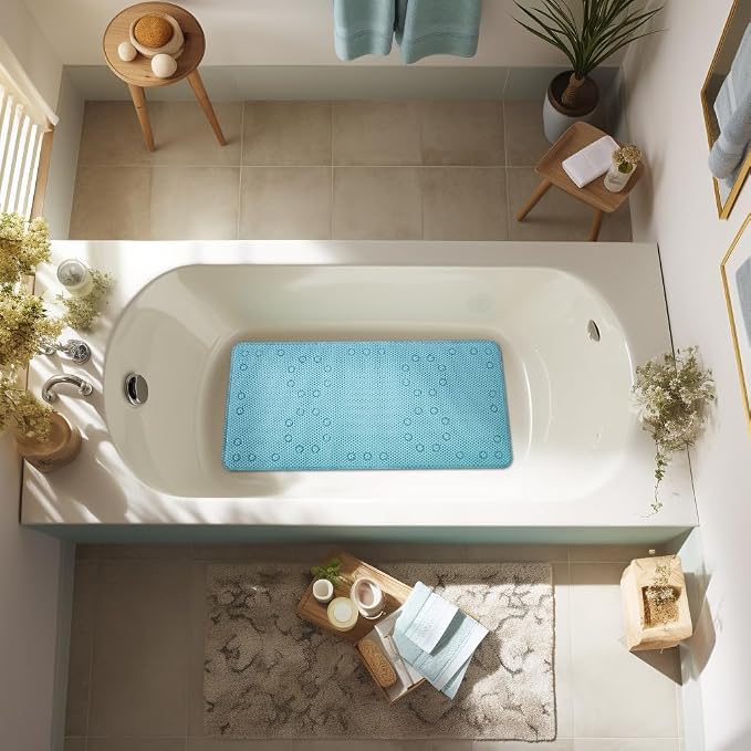 Bathtub Mat Non Slip Blue 36” X 17” Shower Mat Soft Foam Bath Mats for Bathroom Tub, Bathtub Mat with Drain Holes, Suction Cups, Shower Mat Non Slip