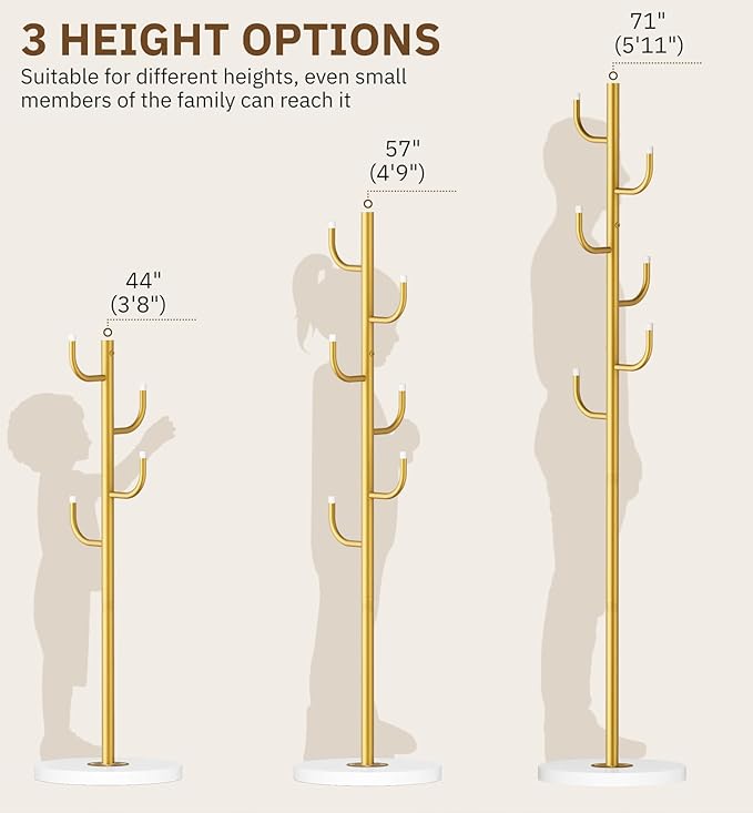 MISSLO Heavy Duty Coat Rack Freestanding 4 Adjustable Size Coat Tree with Stable Wood Base Coat Hanger Stand with 6 Hooks Standing Clothes Tree for Bedroom, Gold