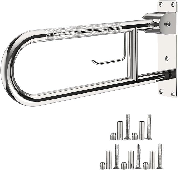 Toilet Grab Bar 24 Inch Chrome, Munzong Anti-Slip Handicap Grab Bars with Paper Holder, Flip-Up Bathroom Safety Rails, Stainless Steel Knurled Support handrails for Seniors Elderly Disabled Pregnant