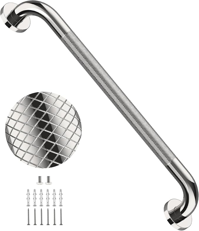 24 Inch Anti Slip Shower Grab Bar, YuanDe Polished Chrome Stainless Steel Bath Grab Bar, Knurled Bathroom Safety Rail, Shower Handrail Support, Handicap Elderly Balance Assist Handles-1.25" Diameter