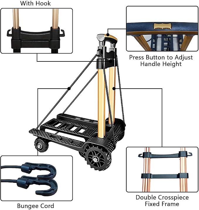 Folding Hand Truck Portable Dolly Compact Utility Luggage Cart with 70Kg/155Lbs Heavy Duty 4 Wheels Solid Construction Adjustable Handle for Moving Travel Shopping Office Use (Black)