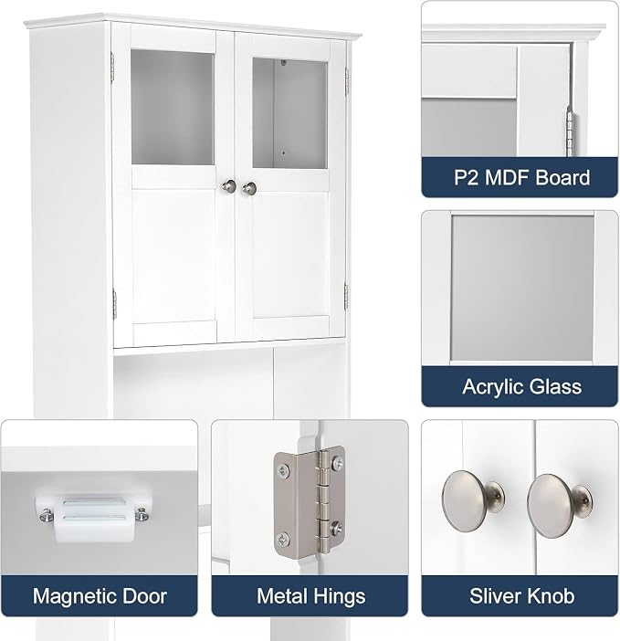 VINGLI Over The Toilet Storage Cabinet White Bathroom Storage Organizer Above the Toilet Shelf with Acrylic Glass Double Doors Wood Muebles para BañO Rack with Adjustable Shelf