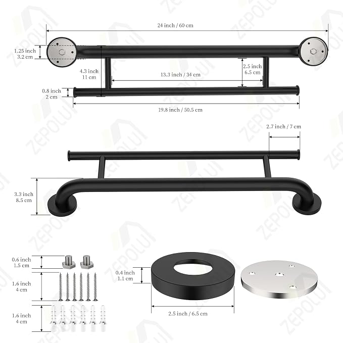 Black Towel Grab Bar 24 Inch - 1.25” Diameter, Zepolu Stainless Steel Safety Bar w/Towel Holder for Bathroom, Shower Assist Balanced Support Handle, Wall Mounted Towel Rack for Senior Elderly Handicap