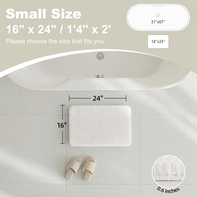 TYUU White Bathroom Rugs, Ultra Soft Bath Rugs Non Slip Washable, Super Absorbent Quick Dry Small Bath Mat with Rubber Backing for Bathroom Floor, Shower, or Sink, White 16" x 24"