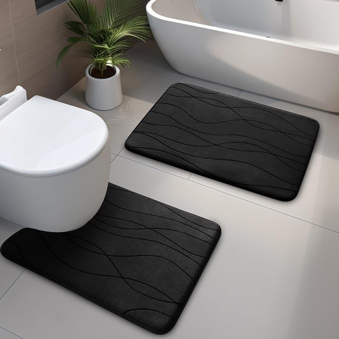 YIHOUSE Memory Foam Bathroom Rug Sets, Black, 2 Piece-U Shape & Small Mat | Ultra Soft, Absorbent, Non-Slip, Machine Washable