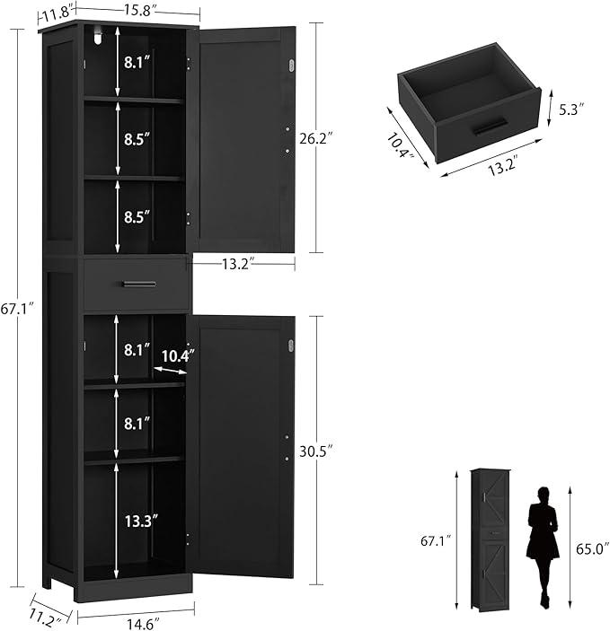 TEENFON Tall Bathroom Cabinet, Storage Cabinet with 6 Shelves & Drawer, Bathroom Storage Cabinet with Adjustable Shelves, Tall Cabinet for Living Room, Home Office, Black
