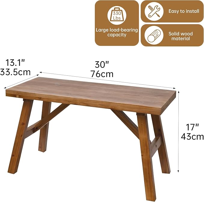Handcrafted Solid Wood Bench, 30" - Farmhouse-Style Burnt Brown Entryway Seating for Living & Dining Room, Rustic Design, Natural Finish
