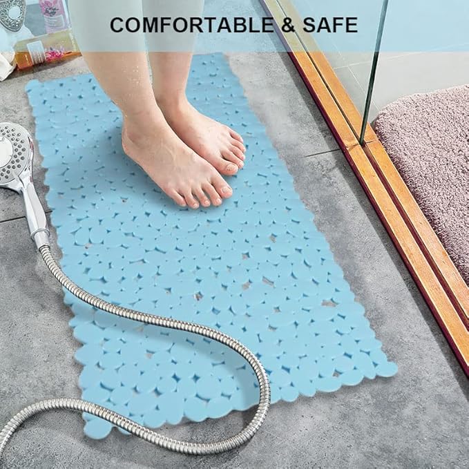 SONGZIMING Bathtub Mat Non Slip Pebble Bath Shower Mat with Drain Holes, Suction Cups Mat for Tub 16" W x 35" L, Blue