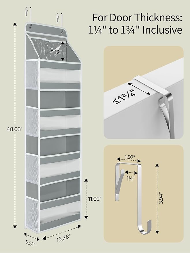 Yecaye 5 Tier 2 Pc Over the Door Organizer, Swing-proof Door Organizer Hanging with Clear PVC Windows, Behind the Door Storage for Bedroom Nursery Closet Laundry Pantry Bathroom, Grey