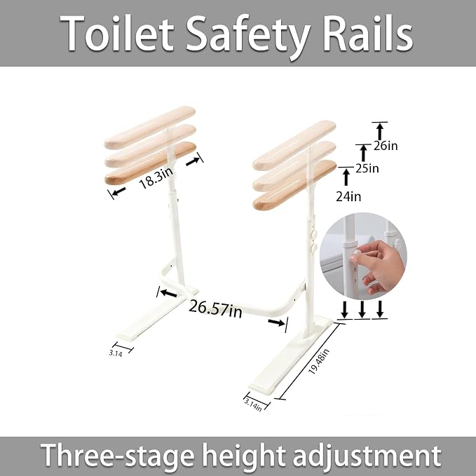 Toilet Safety Rails for Seniors - Toilet Safety Frame with Nighttime Reflective Armrests & Base, 3-Speed Height Adjustment, Toilet Support Frame Fits Most Toilets (Wood Color)