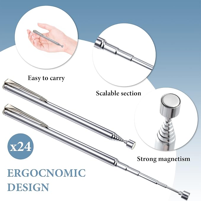 Patelai 24 Pieces Telescoping Magnetic Pick up Tool Grabbers Reacher Tools with Pocket Clip 25 Inch Telescopic Retrieving Magnet Gift for Man, Father, Mechanic, Handyman, Husband (Silver)