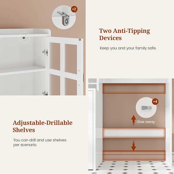 UPOSOJA Over The Toilet Storage Cabinet with Pulley Small Bathroom Storage Cabinet, Space Saver W/Adjustable Shelf & Glass Doors for Bathroom, Restroom, Laundry (Frosted Mirror-Type B)