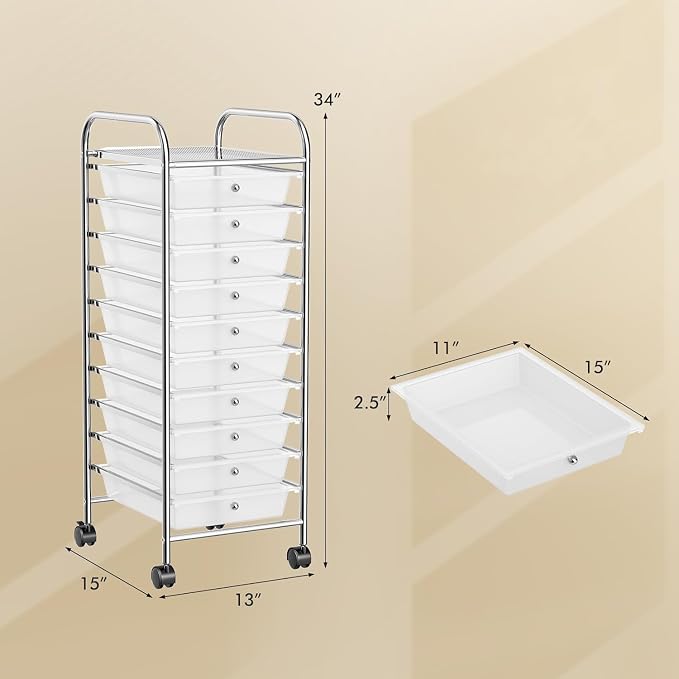 10-Drawer Rolling Storage Cart, Trolley w/Lockable 360° Wheels, 10 Removable PP Drawers, Sturdy Metal Frame, Rolling Utility Cart Perfect for Home, Office, Classroom (Clear)