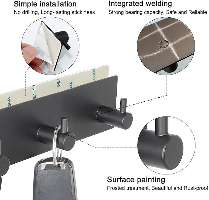 VIRFIN Key Holder for Wall with 2 Self-Adhesive Tapes, No Damage Key Holder Rack for Wall with 3 Key Hooks for Entryway, Door, Bathroom, Kitchen(Black)