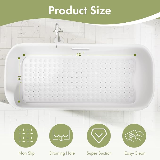 AmazerBath Shower Mat Non Slip 40 x 16 Inches, Shower Stall Mats with Suction Cups and Drain Holes, Non Slip Bath Mat for Tub for Elderly & Kids, White
