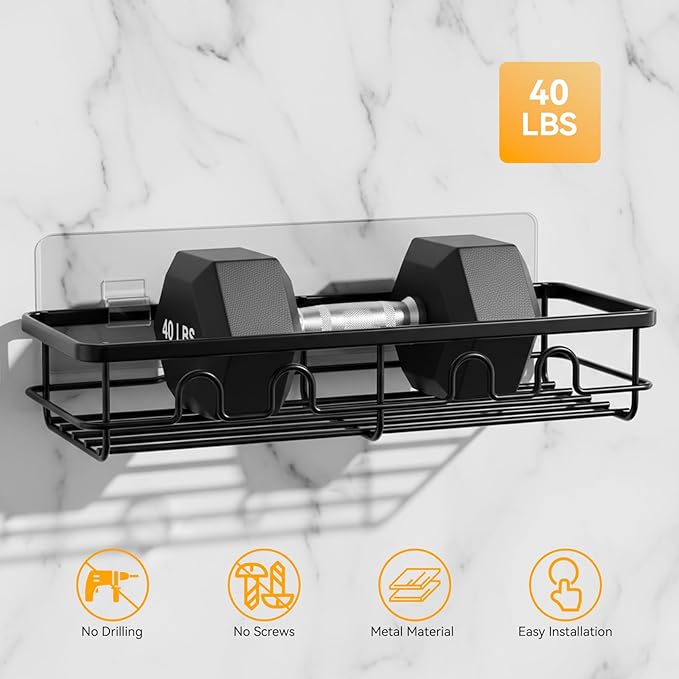 Adhesive Shower Caddy, Large Capacity Shower Racks for Inside Shower, No Drill Bathroom Shower Organizer and Storage, 2 Pack Black Bathroom Shelves, Home Decor Rv Accessories, Apartment