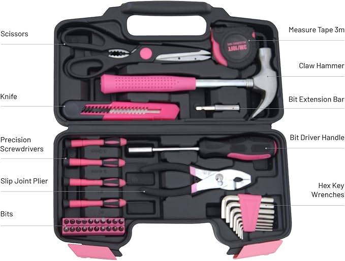 Hantinstom 39-Piece Household Tools Kit Essential Home Repair Set with Plastic Toolbox Ideal for College Students, Home Use & More