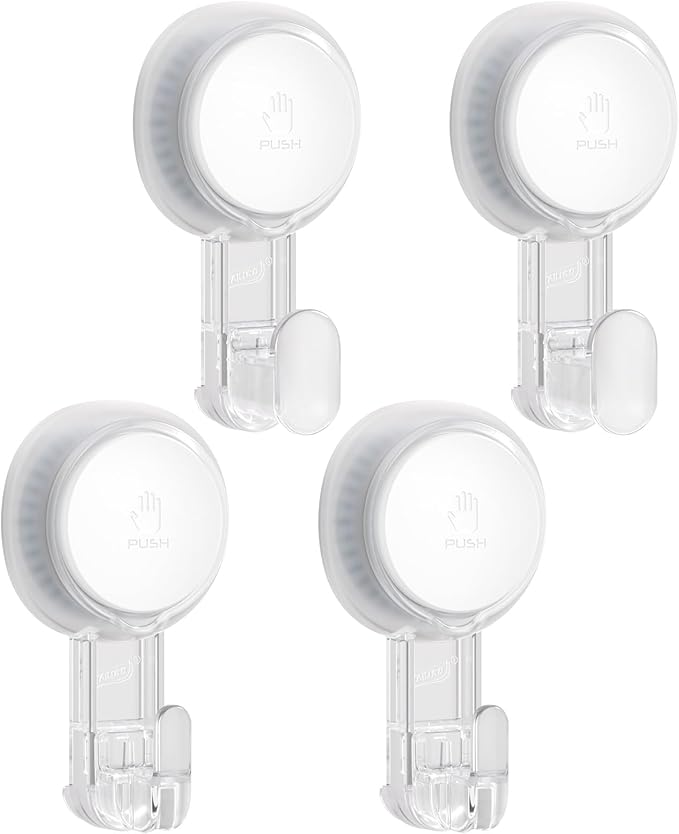 TAILI 4 Pack Powerful Suction Cup Shower Hooks for Towel, Loofah, 360° Rotatable Damage-free Hanging Versatile Wall Hooks for Inside Bathroom, Decoration, Removable Suction Holders, Easy to Use, Clear