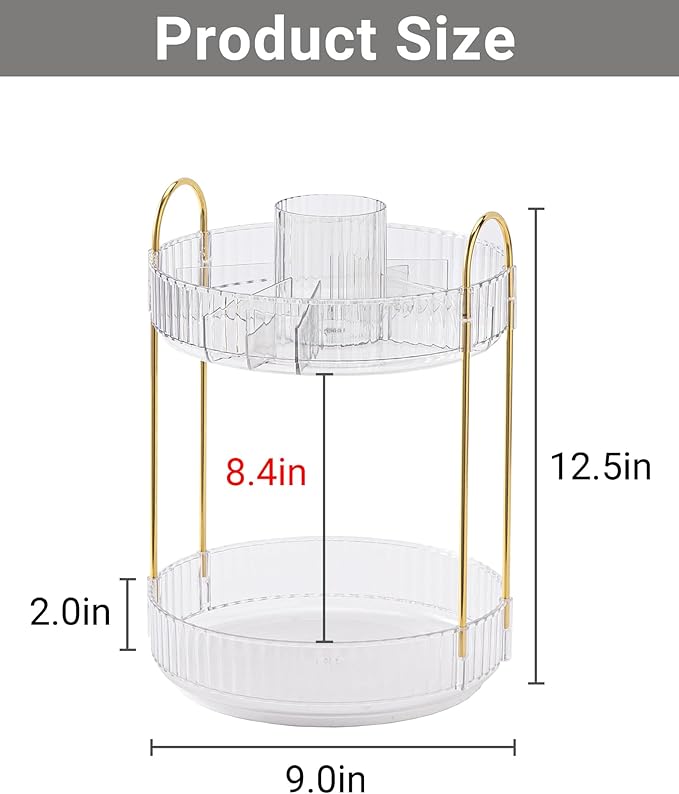 Asayuee 360 Rotating Makeup Organizer,2 Tier Large Capacity Make Up Organizers and Storage,Skincare Perfume Vanity Organizers,Bathroom Cosmetics Storage Organizer Countertop(Clear)