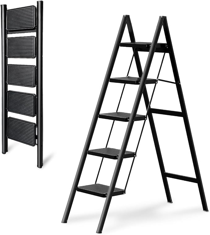 5-Step Folding Ladder for Home Use, Heavy-Duty Step Ladder with Anti-Slip Wide Steps, Portable Foldable Ladder, 330 lbs Load Capacity