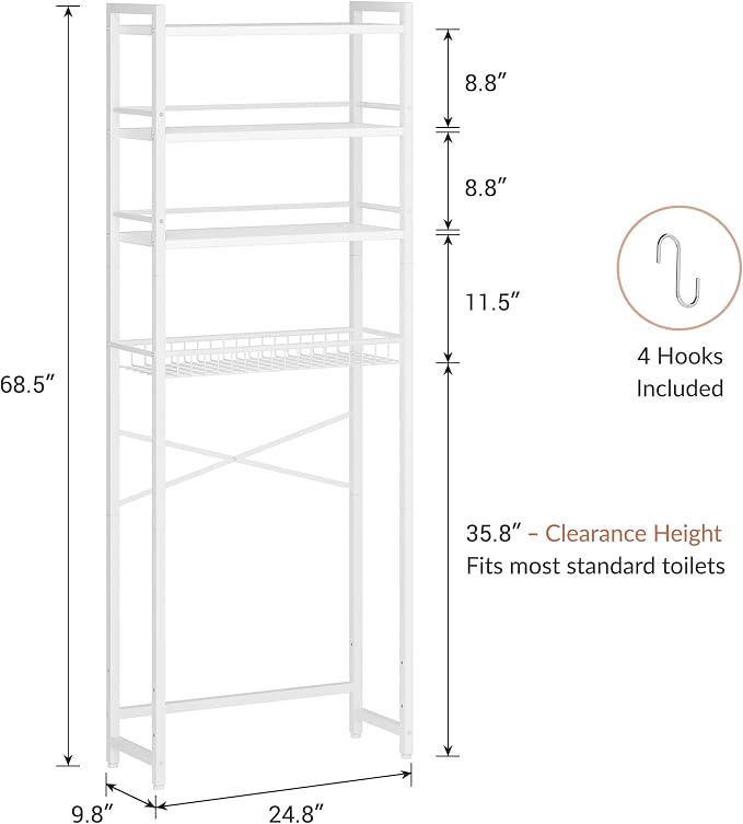 Over The Toilet Storage Shelf, 4-Tier Bathroom Organizer with Basket & Hooks, Sturdy Space Saver for Small Bathrooms, White